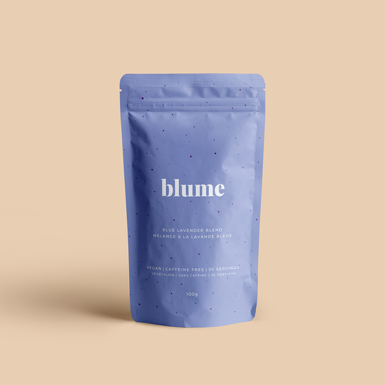 Blume Lavender Blend. Lavender, coconut milk, and blue spirulina make this blend balanced, calming and smooth. Formulated to soothe inflammation and settle restlessness. Take a sip, turn your brain off and just do nothing.